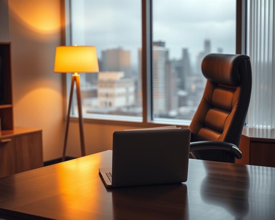 A modern office setting with a large desk and high-backed chair, illuminated by warm, soft lighting from a floor lamp. On the desk, a laptop computer and a stack of documents, representing the administrative aspects of social security benefits. In the background, a window reveals a cityscape, symbolizing the broader societal context. The overall atmosphere conveys a sense of professionalism and diligence, reflecting the importance of understanding social security eligibility.