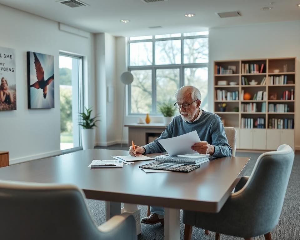 A modern, well-lit office with an expansive desk and comfortable chairs. On the desk, a senior couple sits reviewing paperwork and documents, deep in thought as they evaluate information about an assisted living community. The walls are adorned with inspirational artwork and shelves filled with reference materials. Large windows let in natural light, creating a warm, welcoming atmosphere. The couple's expressions convey a sense of thoughtfulness and careful consideration as they make notes and discuss their findings. The scene evokes a sense of diligence and research in the process of evaluating assisted living options.