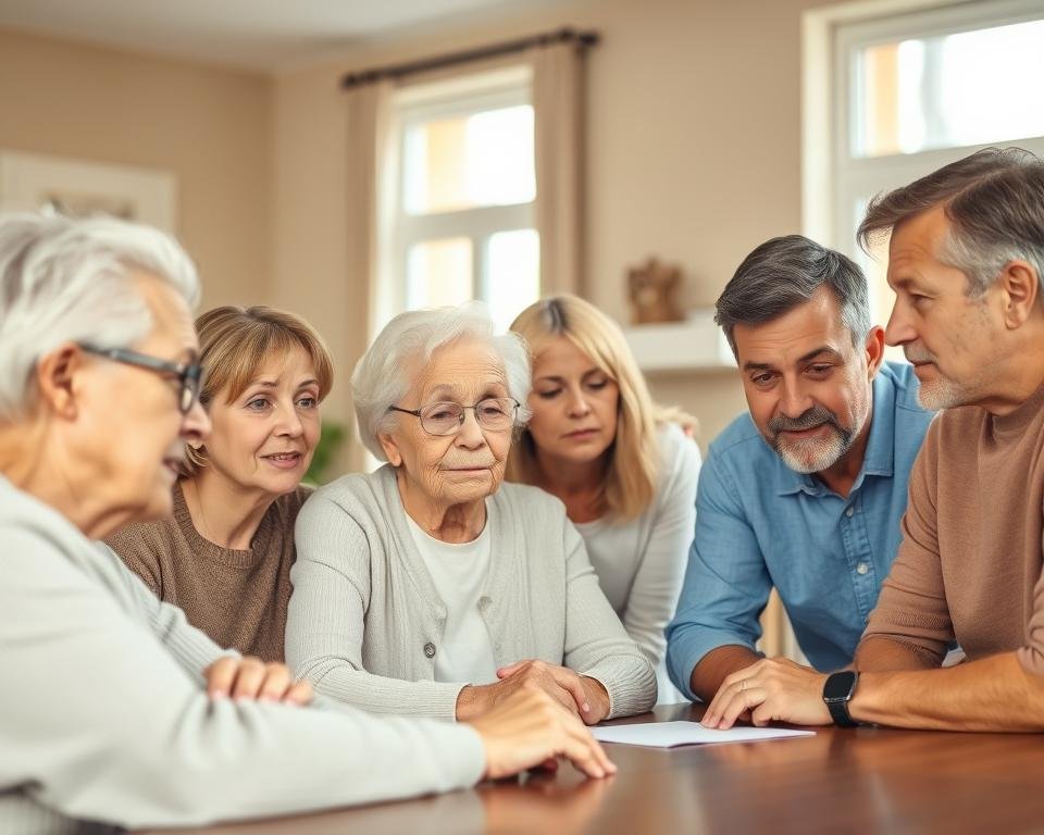 A multi-generational family gathered around a table, discussing options for elder care. The foreground features senior grandparents, the middle ground shows adult children listening intently, and the background depicts a cozy, warm-toned living room with natural lighting filtering through large windows. The expressions on their faces convey a sense of thoughtful consideration, concern, and collaboration as they navigate this important decision together. The atmosphere is one of togetherness, empathy, and a shared commitment to finding the best solution for their loved one.