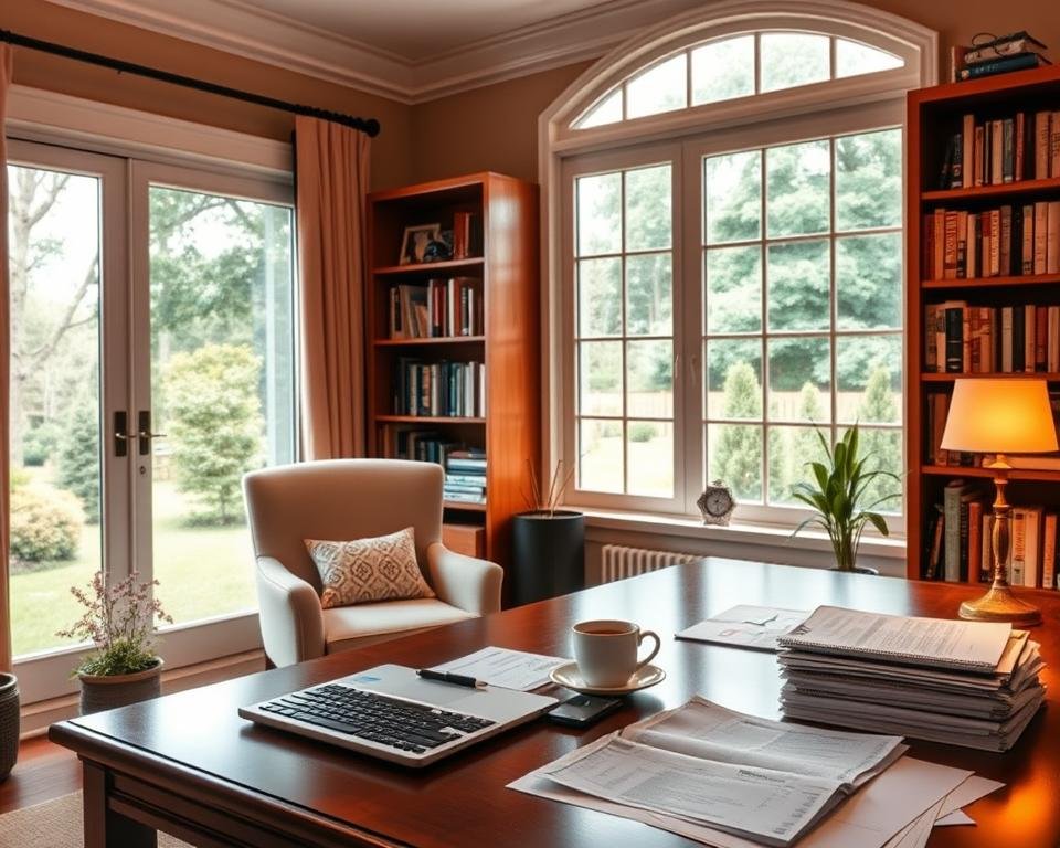 A peaceful home office with a large window overlooking a serene garden. Warm, soft lighting illuminates a comfortable armchair and a well-stocked bookshelf. On the desk, a laptop and a cup of coffee sit beside a stack of financial documents, conveying a sense of diligent planning for high-income retirement. The overall atmosphere is one of quiet contemplation and financial security.