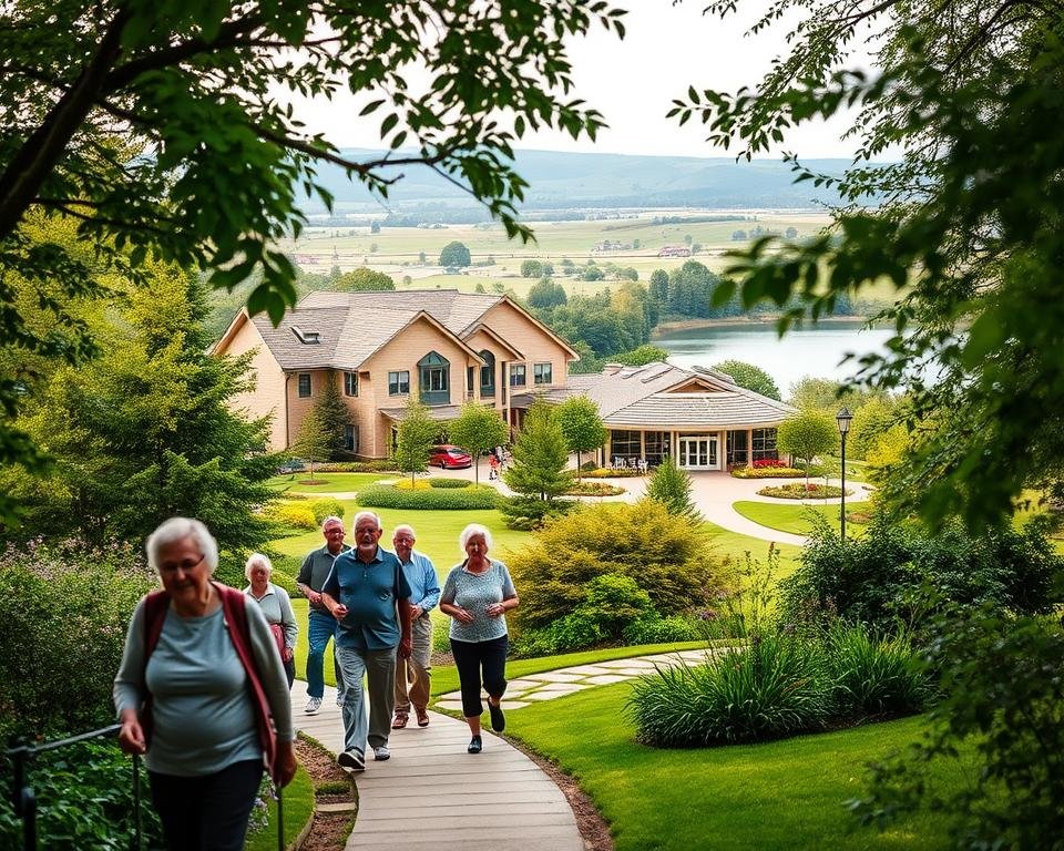 A peaceful senior living community nestled in a lush, verdant landscape. In the foreground, a group of elderly residents strolling along a tranquil garden path, their faces exuding a sense of contentment and security. The middle ground showcases a modern, well-appointed community center with a warm, inviting atmosphere. Bathed in soft, natural lighting, the scene conveys a feeling of trust, stability, and financial well-being. In the background, a picturesque vista of rolling hills and a serene lake, evoking a sense of tranquility and connection to nature. The image embodies the essence of how trusts can enhance the financial security and quality of life for seniors in a supportive living environment.