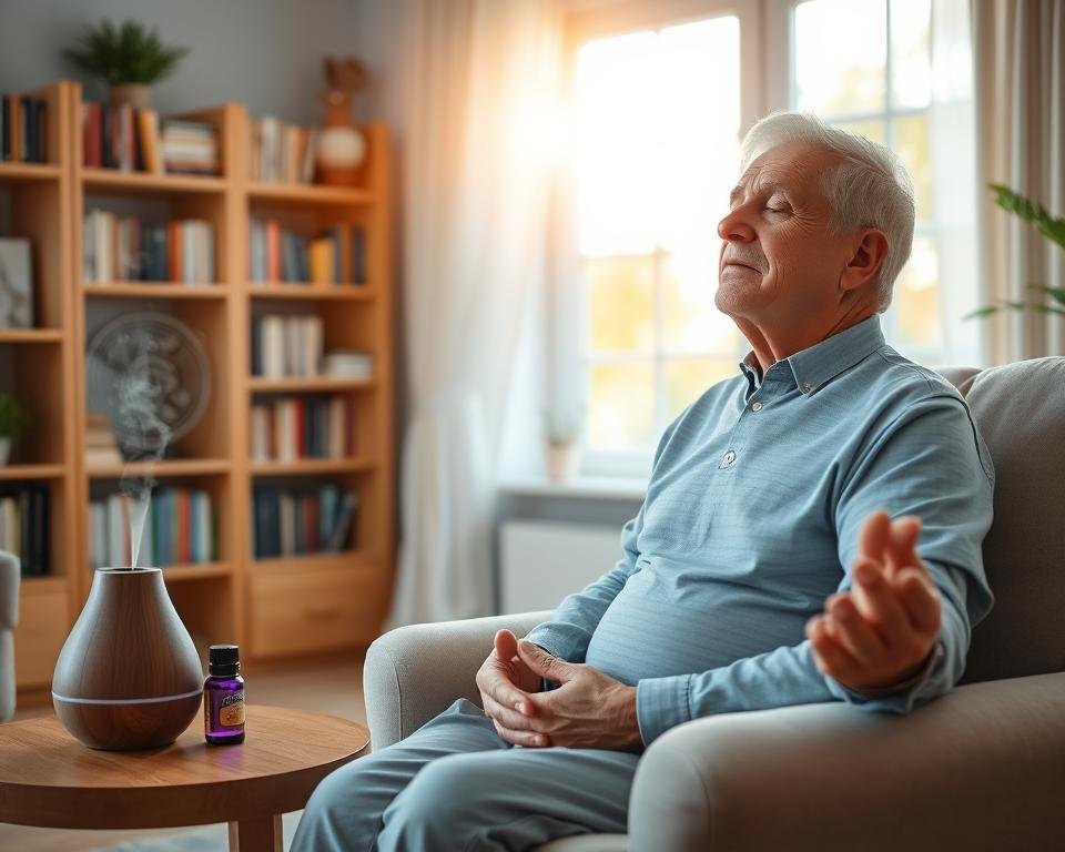 A peaceful senior's living room, flooded with warm natural light from a large window. On a wooden side table, a diffuser slowly emits calming essential oils, filling the air with the scent of lavender. An elderly person sits comfortably on a plush armchair, eyes closed in meditation, practicing deep breathing exercises. Bookshelves in the background contain self-help books on mindfulness and relaxation techniques. The overall atmosphere is serene and inviting, conveying a sense of tranquility and stress relief.