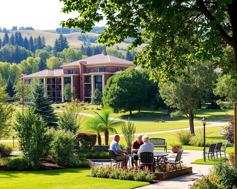 A peaceful, well-appointed senior living community nestled in a serene, park-like setting. In the foreground, a group of residents enjoying a light conversation on a shaded patio, surrounded by lush greenery and vibrant flower beds. The middle ground features a modern, yet inviting multi-story building with a warm, earthy color palette and expansive windows that let in ample natural light. In the background, a gently rolling landscape dotted with mature trees, creating a sense of tranquility and privacy. The lighting is soft and natural, with gentle shadows cast by the surrounding foliage. The overall atmosphere conveys a lifestyle of comfort, community, and care for the older adults residing in this specialized living environment.