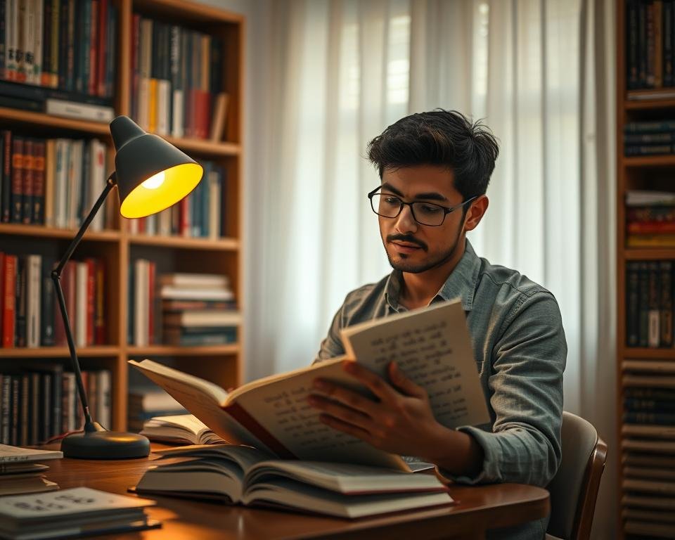 A person sitting at a desk, intently studying a book written in an unfamiliar script. The room is softly lit, with a warm, golden glow from a desk lamp casting a gentle light on the learner's face, highlighting their focus and determination. Surrounding the desk, there are shelves of books in various languages, suggesting a diverse collection of learning materials. The background is slightly blurred, drawing the viewer's attention to the central figure engaged in the act of acquiring a new linguistic skill. The overall scene conveys a sense of intellectual curiosity and the rewarding challenge of expanding one's cognitive horizons.