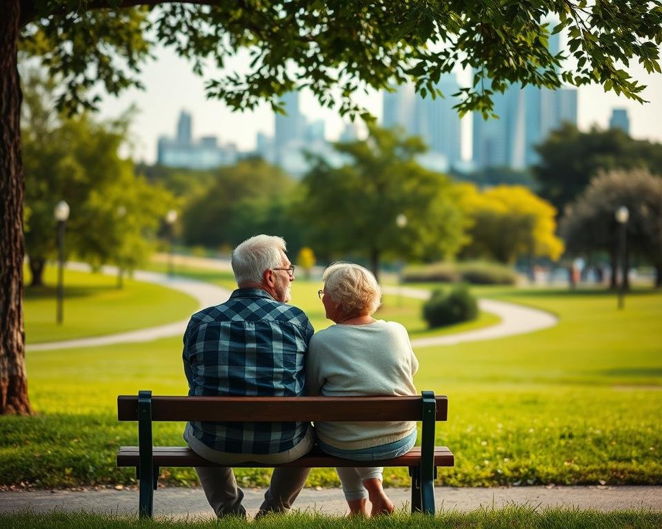 A retired couple sitting on a park bench, contemplating their financial future. The foreground features the couple, dressed in casual attire, engaged in a thoughtful discussion, their expressions reflecting a mix of concern and optimism. The middle ground showcases a lush, green park setting, with a winding path and scattered trees, creating a serene and peaceful atmosphere. In the background, a modern city skyline can be seen, hinting at the broader context of their retirement planning. The lighting is soft and warm, casting a comforting glow on the scene. The overall mood conveys a sense of introspection and careful consideration of the financial decisions that will shape their golden years. A retired couple sitting on a park bench, contemplating their financial future. The foreground features the couple, dressed in casual attire, engaged in a thoughtful discussion, their expressions reflecting a mix of concern and optimism. The middle ground showcases a lush, green park setting, with a winding path and scattered trees, creating a serene and peaceful atmosphere. In the background, a modern city skyline can be seen, hinting at the broader context of their retirement planning. The lighting is soft and warm, casting a comforting glow on the scene. The overall mood conveys a sense of introspection and careful consideration of the financial decisions that will shape their golden years.