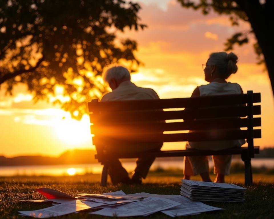 A retired couple sitting on a park bench, their silhouettes cast against a vibrant sunset. The man's head hangs low, his hands clasped in resignation, while the woman gazes off into the distance, her expression one of contemplation and uncertainty. In the foreground, scattered documents and financial papers symbolize the impact of their divorce on their retirement plans and Social Security benefits. The scene is bathed in warm, golden light, creating a sense of melancholy and the weight of life's transitions.