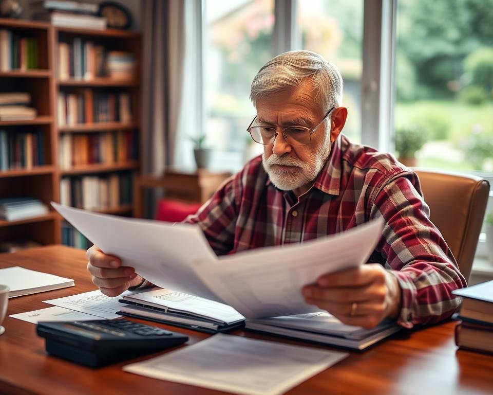 A retired senior carefully reviewing financial documents, contemplating their investment risk tolerance. The scene is set in a cozy home office, with warm lighting casting a soft glow. The retiree sits at a wooden desk, brow furrowed in concentration, a calculator and stack of papers spread out before them. The background is blurred, with hints of a well-stocked bookshelf and a window overlooking a tranquil garden. The overall atmosphere conveys a sense of thoughtful consideration and prudent decision-making.