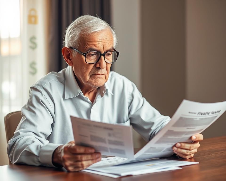 A senior citizen sitting at a table, closely examining financial documents with a concerned expression. The lighting is soft and warm, creating a contemplative mood. In the background, subtle shadows of scam-related icons (lock, dollar sign, etc.) hint at the underlying dangers. The composition emphasizes the focal point of the senior's focused gaze, conveying the importance of recognizing warning signs. The image should evoke a sense of caution and the need for financial vigilance among the elderly.