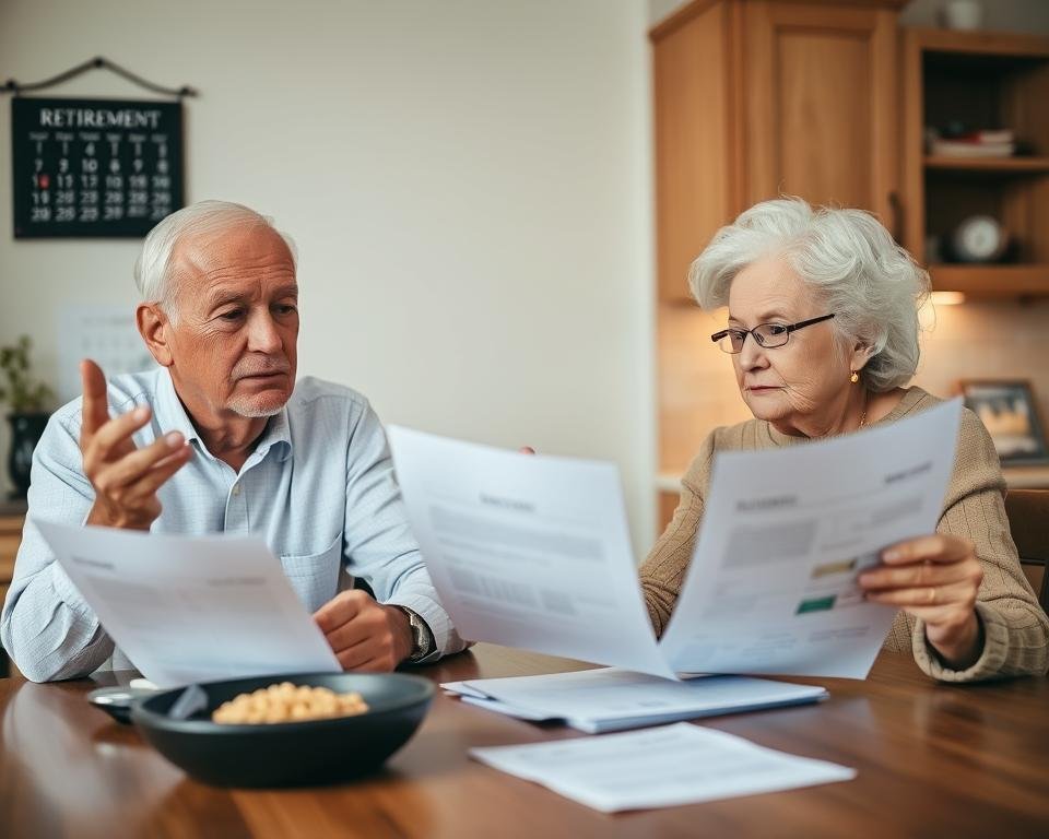 A senior couple sitting at a kitchen table, reviewing financial documents and discussing a debt relief plan. Soft, warm lighting bathes the scene, creating a contemplative and hopeful atmosphere. The man gestures as he explains options, while the woman listens intently, her expression thoughtful. Subtle background details like a calendar, a retirement plaque, and a family photo suggest their life stage. The composition is balanced and inviting, drawing the viewer into the couple's thoughtful deliberation on managing their post-retirement finances. A senior couple sitting at a kitchen table, reviewing financial documents and discussing a debt relief plan. Soft, warm lighting bathes the scene, creating a contemplative and hopeful atmosphere. The man gestures as he explains options, while the woman listens intently, her expression thoughtful. Subtle background details like a calendar, a retirement plaque, and a family photo suggest their life stage. The composition is balanced and inviting, drawing the viewer into the couple's thoughtful deliberation on managing their post-retirement finances.