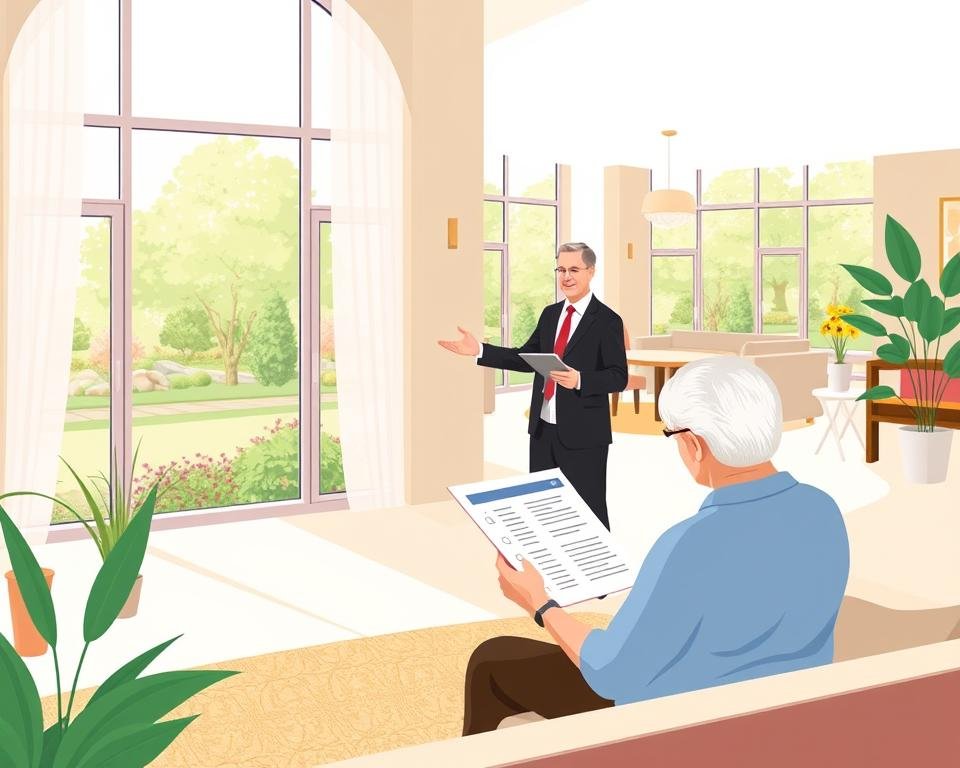 A senior living facility insurance options illustration depicting a well-lit, spacious living room with a large window overlooking a lush, landscaped garden. In the foreground, a senior couple sits on a plush sofa, reviewing insurance policy documents. The middle ground features a professional insurance agent gesturing towards a tablet displaying various coverage options. The background showcases a modern, well-appointed facility with warm, inviting decor, conveying a sense of security and comfort. The overall scene radiates a calming, reassuring atmosphere, perfectly suited to illustrate the "How to Choose the Right Policy" section of the article.
