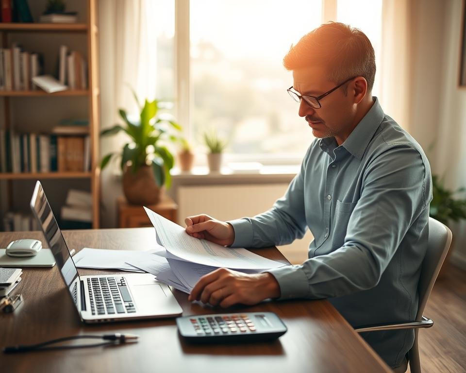 A serene and contemplative scene of a self-employed individual meticulously reviewing retirement benefit optimization strategies. The foreground features a desk with a laptop, calculator, and neatly organized financial documents. The middle ground showcases a comfortable home office setting, with bookshelves, warm lighting, and a plant-filled windowsill. The background subtly blurs into a tranquil, sun-dappled landscape, conveying a sense of financial security and well-being. The overall mood is one of focused attention, careful planning, and a measured approach to maximizing retirement benefits. A serene and contemplative scene of a self-employed individual meticulously reviewing retirement benefit optimization strategies. The foreground features a desk with a laptop, calculator, and neatly organized financial documents. The middle ground showcases a comfortable home office setting, with bookshelves, warm lighting, and a plant-filled windowsill. The background subtly blurs into a tranquil, sun-dappled landscape, conveying a sense of financial security and well-being. The overall mood is one of focused attention, careful planning, and a measured approach to maximizing retirement benefits.