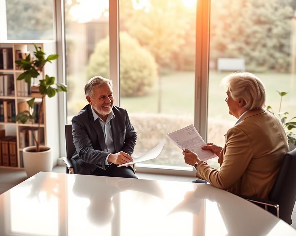 A serene and professional office interior with a large window overlooking a peaceful garden. In the foreground, a middle-aged couple sits across a sleek, modern desk, discussing insurance paperwork with a friendly financial advisor. Warm, natural lighting filters through the window, casting a calming glow. The advisor's expression is reassuring, and the couple appears engaged and attentive. Behind them, a bookshelf lined with finance-related volumes and a potted plant add a touch of sophistication. The overall scene conveys a sense of trust, expertise, and a commitment to securing the couple's financial future in assisted living.