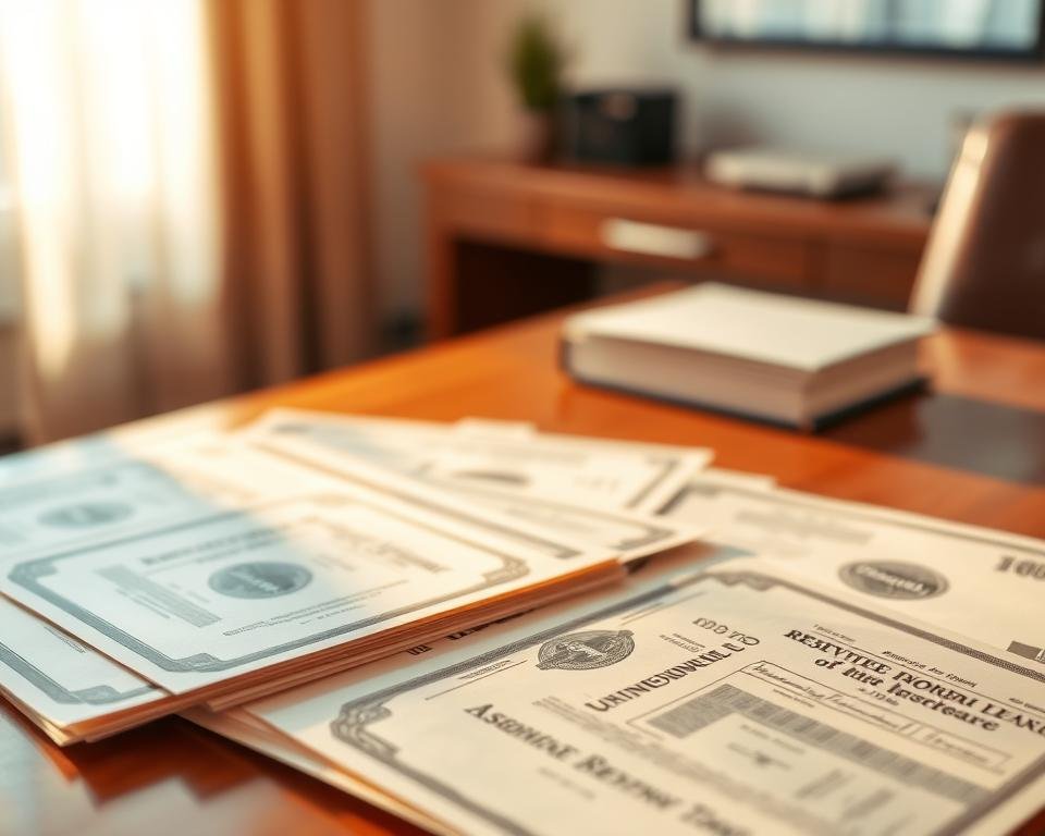 A serene and sophisticated financial landscape, a portfolio of dividends and bonds takes center stage. The foreground showcases a neatly organized arrangement of stock certificates and government bond papers, casting warm, golden hues under soft, natural lighting. In the middle ground, a wooden desk or table provides a sturdy foundation, its elegant finish complementing the financial instruments. The background gently fades into a tranquil, blurred office environment, hinting at the professional setting where this prudent investment strategy is carefully managed. The overall mood evokes a sense of stability, reliability, and financial well-being, befitting the "Enhancing Your Portfolio with Dividends and Interest" section of the retirement guide.