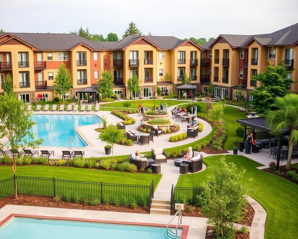 A serene community of modern senior living apartments, nestled in a lush, well-manicured landscape. The foreground showcases a range of amenities - a swimming pool, a well-equipped fitness center, and a communal lounge area with comfortable seating. The middle ground features a picturesque courtyard, with seniors engaged in various activities, such as gardening or socializing. In the background, the buildings have a warm, inviting aesthetic, with a mix of contemporary and traditional architectural elements. The lighting is soft and natural, creating a calming atmosphere. The overall scene conveys a sense of active, independent living, catering to the needs and preferences of the senior residents.