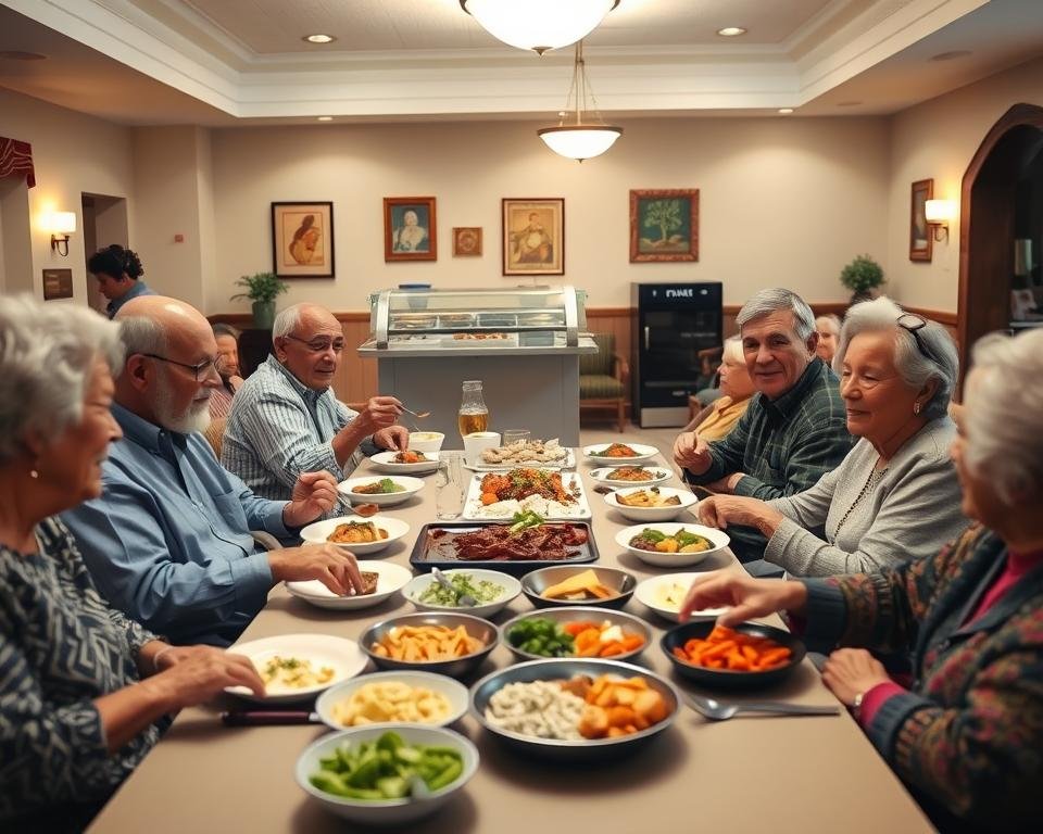 A serene dining hall in an assisted living community, with diverse residents gathered around a table enjoying various cultural and religious dishes. Muted lighting casts a warm glow, highlighting the intricate patterns and vibrant colors of the carefully prepared meals. In the foreground, a group of elders from different backgrounds engage in lively conversation, their faces radiating contentment. The middle ground features a buffet-style display showcasing an array of specialized dietary options, catering to the unique needs and preferences of the community. In the background, the walls are adorned with cultural artwork and decorations, creating a welcoming and inclusive atmosphere.