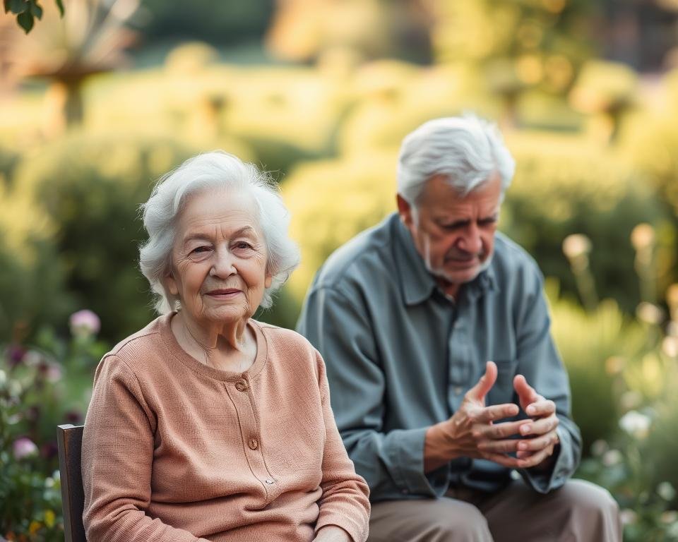 A serene garden scene with two individuals, one representing normal aging and the other memory loss. In the foreground, an elderly person sits peacefully, their expression calm and content, symbolizing the gradual, natural changes of growing older. In the middle ground, another elderly person appears distressed, their brow furrowed, hands trembling, capturing the unsettling effects of memory loss. The background features a lush, verdant landscape with soft, warm lighting, creating a contemplative atmosphere. The contrast between the two figures underscores the nuanced differences between memory loss and the natural progression of aging, inviting the viewer to ponder the complexities of this important topic.