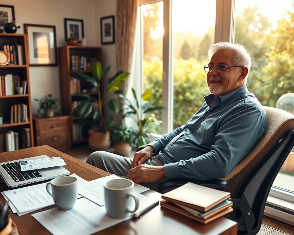 A serene home office overlooking a lush garden, with a desk featuring a laptop, a mug of coffee, and carefully organized financial documents. The warm afternoon sunlight filters through large windows, casting a soft glow on the room. In the foreground, a retiree sits comfortably in an ergonomic chair, reviewing investment strategies and retirement plans with a focused, yet content expression. The walls are adorned with framed artwork and shelves displaying books on personal finance and retirement planning. The overall atmosphere conveys a sense of financial security, tranquility, and the rewards of a well-planned retirement.