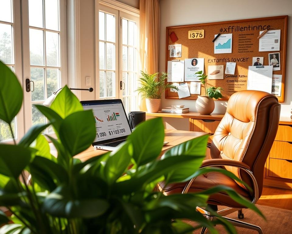 A serene home office setting, with a large wooden desk and a cozy leather chair. On the desk, a laptop open, showcasing affiliate marketing metrics and strategies. Lush houseplants in the foreground, bathed in warm, natural lighting filtering through large windows. In the background, a wall-mounted corkboard displays product images, commission rates, and affiliate program details. The overall atmosphere is one of focus, productivity, and a sense of passive income potential.