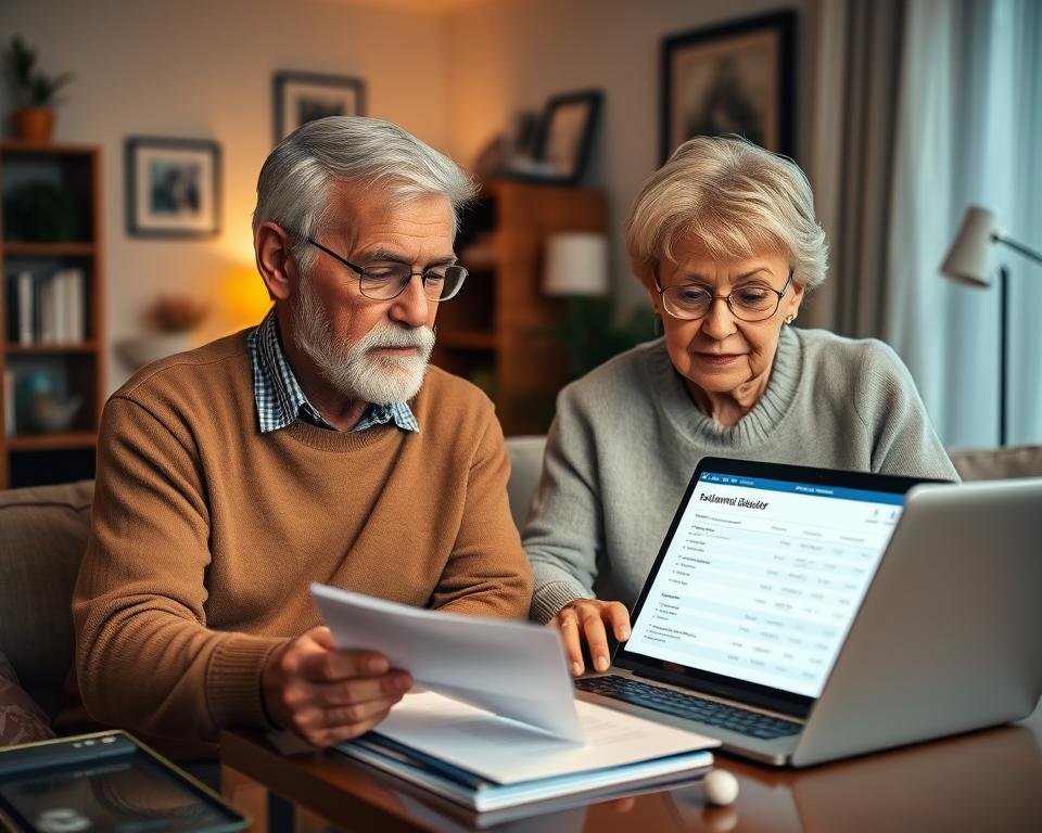 A serene home office with a retired couple carefully reviewing financial documents and reviewing a retirement budget calculator on a laptop screen. Warm, soft lighting casts a cozy glow, while tasteful decor and organization convey a sense of thoughtful planning. The couple's expressions reflect a mix of focus and calm, surrounded by simple, functional furnishings that support their retirement budgeting activities. The overall scene exudes a sense of financial stability and well-being in the later stages of life.