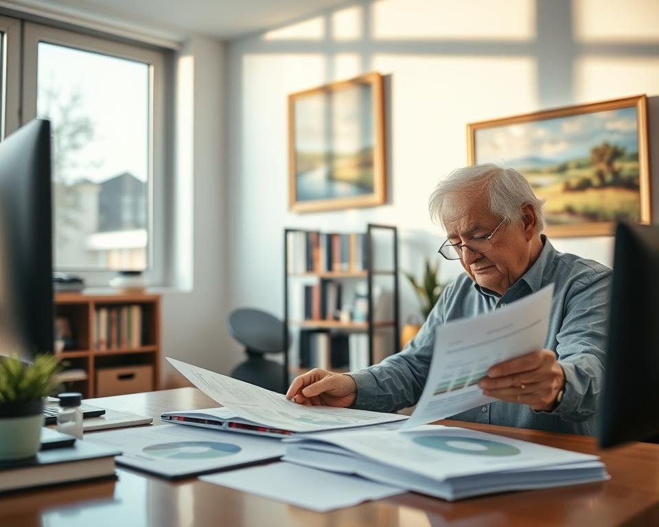 A serene office scene, illuminated by soft natural light filtering through large windows. In the foreground, a senior citizen sits at a desk, meticulously reviewing pension documents and charts. Their expression is one of deep concentration, balanced with a sense of determination to make the most of their retirement savings. The middle ground features a bookshelf filled with finance-related volumes, hinting at the depth of knowledge required for pension planning. In the background, a calming landscape painting hangs on the wall, providing a serene backdrop to the thoughtful scene. The overall atmosphere conveys the importance of careful pension management to ensure a secure and fulfilling retirement. A serene office scene, illuminated by soft natural light filtering through large windows. In the foreground, a senior citizen sits at a desk, meticulously reviewing pension documents and charts. Their expression is one of deep concentration, balanced with a sense of determination to make the most of their retirement savings. The middle ground features a bookshelf filled with finance-related volumes, hinting at the depth of knowledge required for pension planning. In the background, a calming landscape painting hangs on the wall, providing a serene backdrop to the thoughtful scene. The overall atmosphere conveys the importance of careful pension management to ensure a secure and fulfilling retirement.