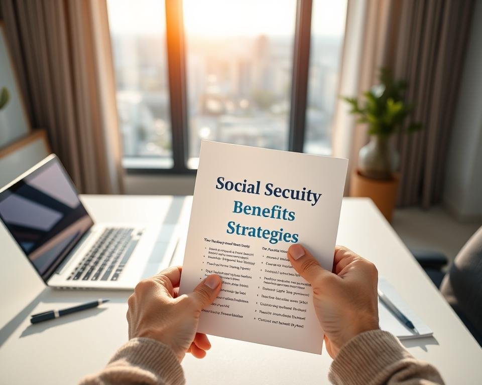 A serene office setting with a clean and organized desk, featuring a laptop, pen, and notepad. In the foreground, an elderly person's hands holding a document titled "Social Security Benefits Strategies". The middle ground showcases financial charts and graphs displayed on the laptop screen, illustrating retirement planning and benefit optimization. The background features a large window overlooking a tranquil, sun-dappled cityscape, conveying a sense of financial security and wellbeing. Soft, directional lighting creates a warm, inviting atmosphere, while a shallow depth of field emphasizes the focus on the hands and documents.