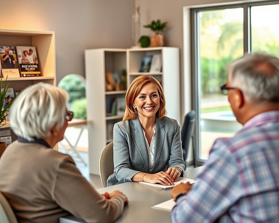 A serene office setting with warm lighting and a welcoming atmosphere. In the foreground, a middle-aged woman in professional attire sitting at a desk, smiling and assisting an elderly couple. The middle ground features shelves displaying brochures and information about assisted living options. The background showcases a peaceful outdoor scene with a lush garden and a tranquil water feature, suggesting the natural environments of the assisted living communities represented. The overall composition conveys the expertise, compassion, and comprehensive services of an assisted living placement agency, catering to the needs and preferences of senior clients.