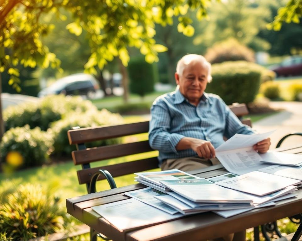 A serene retirement community setting, with a retiree couple sitting on a park bench, discussing their healthcare options. The foreground features the couple in warm, natural lighting, conveying a sense of contentment and security. In the middle ground, various supplemental insurance plan brochures and documents are scattered on a table beside them, hinting at their exploration of cost-saving healthcare solutions. The background showcases a lush, well-manicured garden, with a gentle breeze rustling the leaves, creating a calming and tranquil atmosphere.