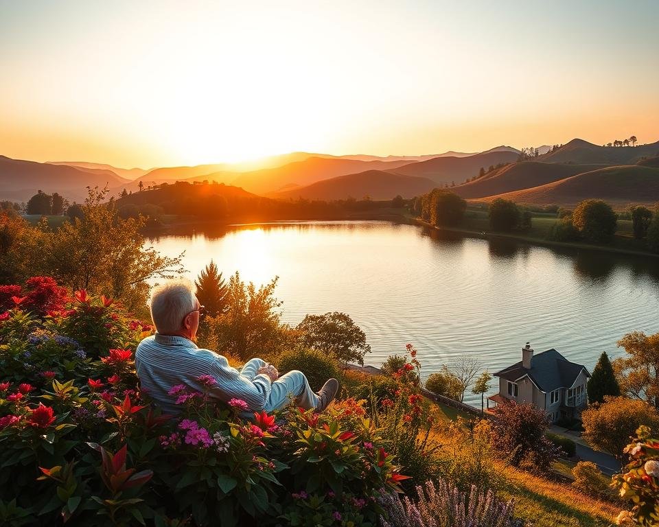 A serene retirement landscape, where diversified income streams flow harmoniously. In the foreground, a retiree relaxes amidst a lush garden, surrounded by a variety of financial instruments - stocks, bonds, annuities, and real estate investments. The middle ground showcases a tranquil lake, with ripples reflecting the diverse income sources. In the background, rolling hills and a warm, golden sunset create a calming atmosphere, symbolizing the financial security and peace of mind achieved through a well-planned retirement strategy. The scene is illuminated by soft, diffused lighting, captured through a wide-angle lens, emphasizing the balanced and holistic nature of a diversified retirement income approach.