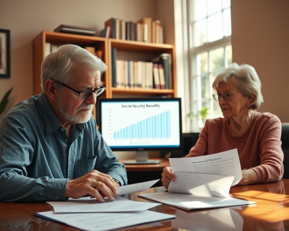 A serene, sun-dappled office interior, where an elderly couple sits at a desk, reviewing documents and forms. The foreground features their focused expressions, hands carefully examining the papers. In the middle ground, a computer screen displays a graph visualizing Social Security benefit calculations. The background showcases a bookshelf filled with reference materials, conveying a sense of expertise and trust. Warm, indirect lighting casts a soft glow, creating a reassuring atmosphere. The scene conveys the importance of understanding Social Security benefits, with a tone of diligence and financial security.
