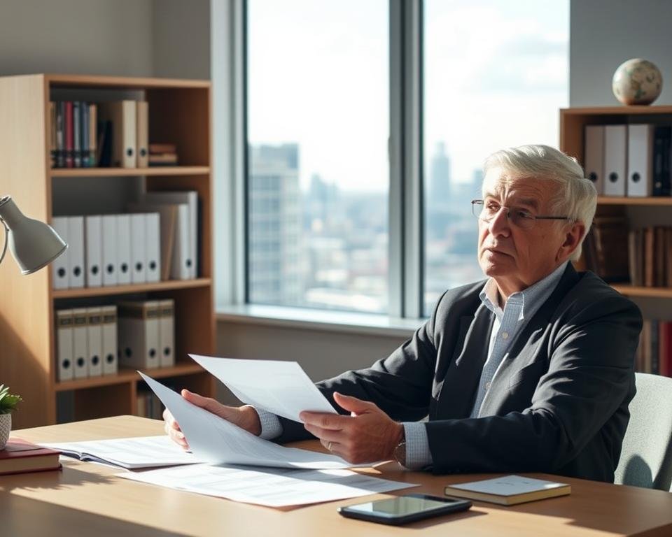 A serene, thoughtful scene depicting the key aspects of social security survivor benefits. A mature adult sits at a desk, reviewing documents and contemplating their options. The lighting is soft and natural, creating a contemplative atmosphere. In the background, a well-organized bookshelf and a window overlooking a peaceful cityscape, suggesting an air of professionalism and financial security. The overall composition conveys a sense of understanding and careful consideration of the survivor benefits program.