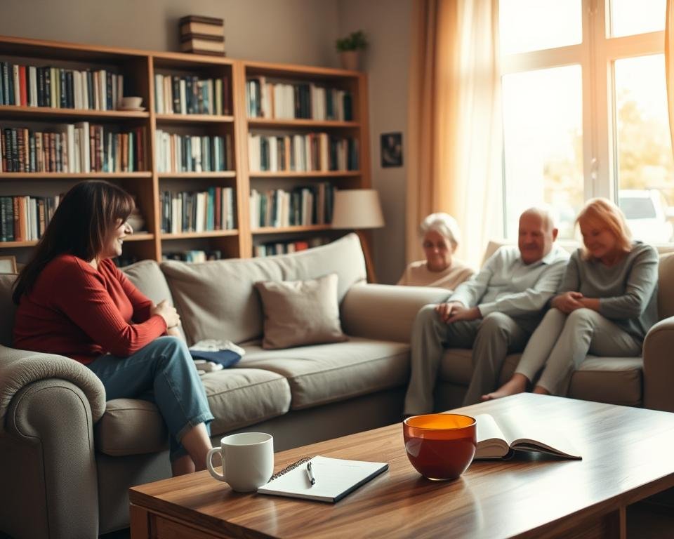 A serene, warm-lit living room with a comfortable couch, plush armchair, and a bookshelf filled with self-help books. In the foreground, an elderly person sitting on the couch, surrounded by caring family members and friends offering emotional support. Soft natural light filters through a window, creating a calming atmosphere. On the coffee table, a cup of tea and a journal symbolize introspection and self-care. The overall scene conveys a sense of safety, community, and a nurturing environment for mental well-being.