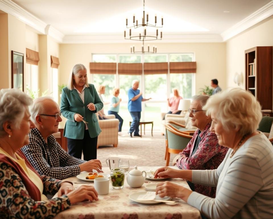 A serene, well-appointed assisted living facility, with residents engaged in various activities. The foreground depicts seniors conversing over a shared meal, exuding a sense of community and camaraderie. The middle ground showcases a group of residents participating in a gentle exercise class, led by an attentive staff member. In the background, a tranquil lounge area with comfortable seating and large windows allows natural light to flood the space, creating a warm and inviting atmosphere. The overall scene conveys a dignified, supportive, and nurturing environment, where the needs of the elderly are thoughtfully addressed.