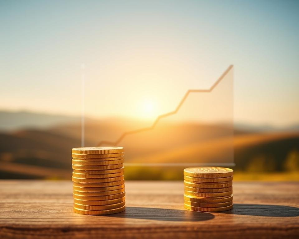 A serene, well-composed image of a retirement savings portfolio. In the foreground, a stack of gold coins, symbolizing financial security. In the middle ground, a line graph representing investment growth, with upward-trending lines. In the background, a tranquil landscape of rolling hills, warm sunlight, and a clear blue sky, conveying a sense of calm and prosperity. The lighting is soft and diffused, creating a inviting, almost dreamlike atmosphere. The angle is slightly elevated, giving the viewer a sense of oversight and control over the scene. The overall composition is balanced and harmonious, reflecting the careful, thoughtful planning of a secure retirement.
