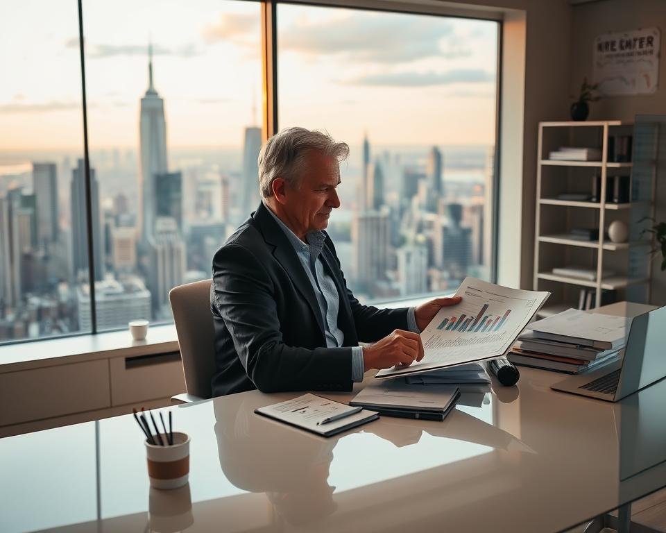 A serene, well-lit office setting with a panoramic view of a bustling city skyline. In the foreground, a middle-aged professional sits at a sleek, minimalist desk, intently studying financial documents and charts. The lighting is warm and inviting, casting a gentle glow on their face as they contemplate their retirement planning strategies. In the middle ground, a bookshelf and various desk accessories suggest an organized, well-curated workspace. The background features the towering skyscrapers of the city, symbolizing the larger financial landscape they are navigating. The overall atmosphere conveys a sense of focus, diligence, and a desire to maximize one's financial potential, including Social Security benefits.
