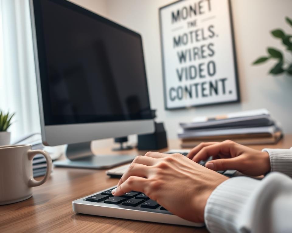A serene, well-lit office setting with a professional-looking desktop computer, a stack of neatly organized documents, and a mug of steaming coffee. In the foreground, a pair of hands typing on a keyboard, emblematic of the process of monetizing video content. The background features an inspirational poster or artwork, subtly conveying a sense of productivity and success. Soft, diffused lighting creates a calming atmosphere, while the angle suggests an intimate, close-up perspective, inviting the viewer to engage with the scene.