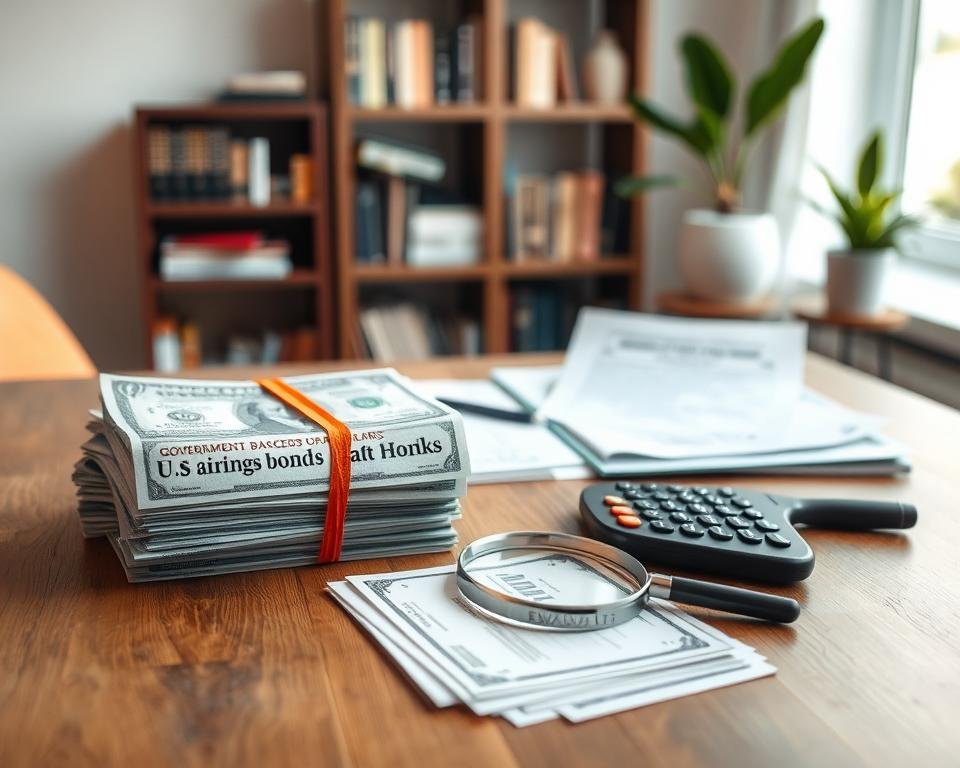 A serene, well-lit scene depicting a variety of safe investment options for retirees. In the foreground, a stack of U.S. savings bonds, government-backed bonds, and high-quality dividend-paying stocks. In the middle ground, a wooden table holding a magnifying glass, a calculator, and financial documents. The background features a bookshelf with personal finance books and a potted plant, conveying a sense of security and stability. The lighting is soft and natural, creating a calming atmosphere. The overall composition suggests a thoughtful, methodical approach to investing for retirement.