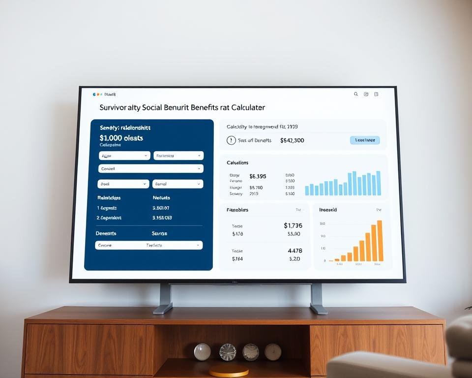 A sleek and modern interface for a social security survivor benefits calculator, displayed on a large, high-resolution screen. In the foreground, a clean and intuitive dashboard allows the user to input crucial details like age, relationship to the deceased, and number of dependents. The middle ground features a dynamic visualization of the calculated benefits, with clear and easy-to-understand graphs and figures. The background showcases a soft, neutral color palette, creating a calming and professional atmosphere. The lighting is soft and diffused, accentuating the clarity of the interface. The camera angle is slightly elevated, giving the viewer a sense of authority and trust in the tool.