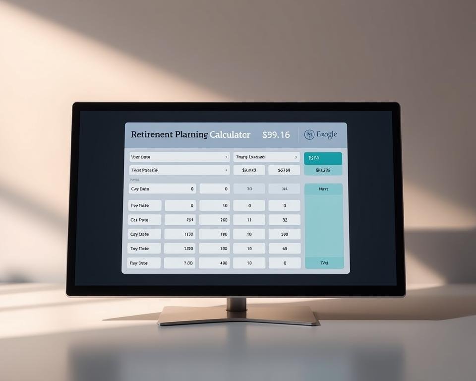 A sleek, modern retirement planning calculator displayed on a high-resolution screen against a minimalist, sophisticated backdrop. The calculator interface features a clean, intuitive layout with input fields for user data, clearly labeled sections, and easy-to-read results. Soft, directional lighting illuminates the scene, casting subtle shadows and creating a sense of depth and dimensionality. The overall mood is one of calm, professionalism, and financial confidence, reflecting the importance of careful retirement planning. A sleek, modern retirement planning calculator displayed on a high-resolution screen against a minimalist, sophisticated backdrop. The calculator interface features a clean, intuitive layout with input fields for user data, clearly labeled sections, and easy-to-read results. Soft, directional lighting illuminates the scene, casting subtle shadows and creating a sense of depth and dimensionality. The overall mood is one of calm, professionalism, and financial confidence, reflecting the importance of careful retirement planning.