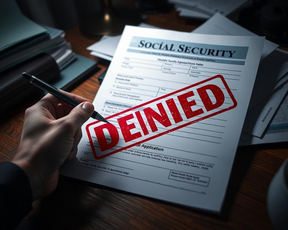 A somber office setting, with a partially completed social security application form prominently placed on a cluttered desk. The form is stamped with a bold, red "DENIED" marking. A lone hand holds a pen, conveying a sense of frustration and disbelief. Muted lighting casts a shadow over the scene, creating an atmosphere of disappointment and bureaucratic indifference. The background is blurred, hinting at the larger, impersonal system that has rejected the application. The overall composition evokes the difficulty and emotional turmoil of navigating the social security process when faced with an unfavorable decision.