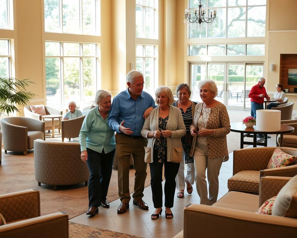A spacious assisted living community lobby, bathed in warm, natural lighting from large windows. A group of seniors, accompanied by a friendly guide, explore the well-appointed common areas, examining the modern furnishings and tasteful decor. The guide gestures animatedly, describing the various amenities and services available. In the background, a tranquil outdoor patio is visible, where other residents enjoy the sunshine. The atmosphere conveys a sense of comfort, security, and community, inviting the viewer to imagine the enriching experience of a guided tour.