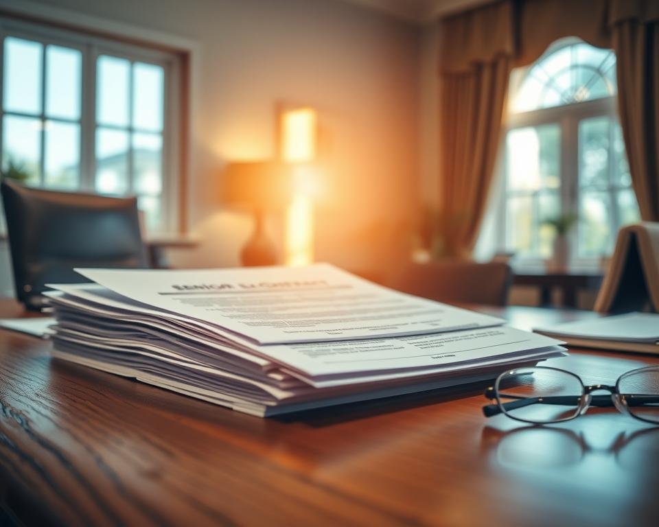 A stack of senior housing contracts resting on a polished oak desk, illuminated by a warm, directional light from a large window. The contracts appear crisp and official, with clear legal language and signatures visible. The desk is organized, with a fountain pen and a pair of reading glasses nearby, suggesting an attentive, analytical review process. The background is a softly blurred, neutral-toned office, conveying a sense of professionalism and attention to detail. The overall mood is one of thoughtful consideration, as the viewer is invited to carefully examine the intricacies of senior housing agreements.