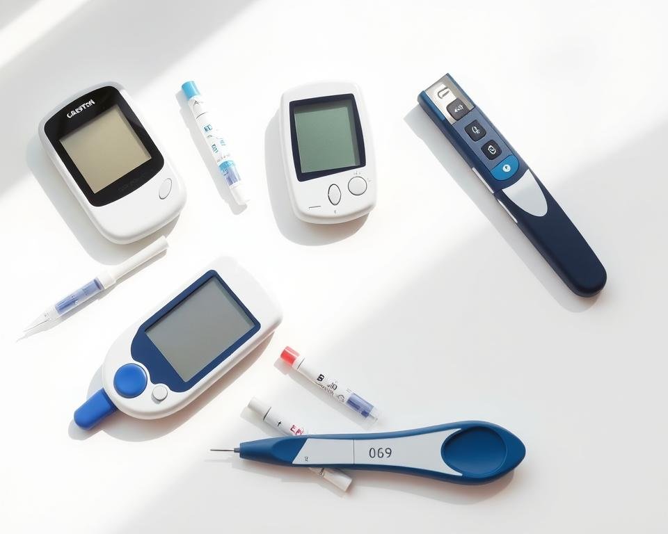 A still life arrangement of various blood glucose monitoring devices, including a modern glucometer, test strips, and lancing device, placed on a clean, white surface with soft, natural lighting. The devices are organized in a visually appealing, symmetrical layout, highlighting their technical details and design elements. The scene conveys a sense of precision, control, and the importance of regular blood glucose monitoring for managing diabetes, particularly in older adults. A still life arrangement of various blood glucose monitoring devices, including a modern glucometer, test strips, and lancing device, placed on a clean, white surface with soft, natural lighting. The devices are organized in a visually appealing, symmetrical layout, highlighting their technical details and design elements. The scene conveys a sense of precision, control, and the importance of regular blood glucose monitoring for managing diabetes, particularly in older adults.