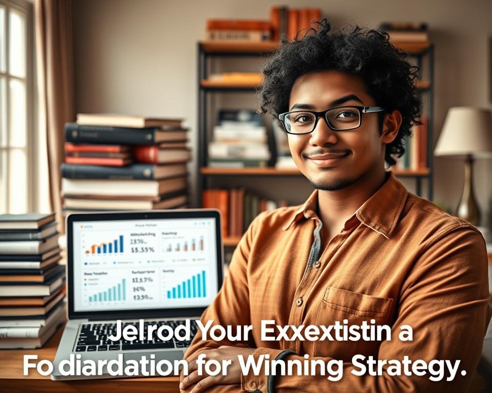 A striking image showcasing the power of author expertise and marketing. In the foreground, a confident writer stands before a backdrop of stacked books, their expression radiating authority and passion. The middle ground features a stylized laptop screen displaying marketing analytics, charts, and social media engagement metrics. In the background, a warm, inviting home office setting with tasteful decor and carefully curated bookshelves, conveying a sense of professionalism and mastery. Soft, directional lighting illuminates the scene, casting subtle shadows and highlighting the writer's poise. The overall atmosphere exudes a balance of intellectual rigor and savvy marketing acumen, the perfect embodiment of "Your Expertise as the Foundation for a Winning Strategy."