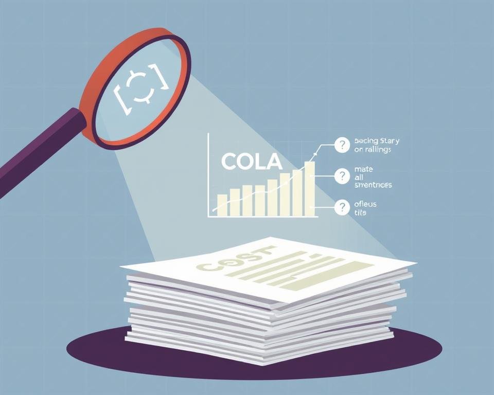 A stylized digital illustration depicting the myth-busting of common misconceptions about the cost-of-living adjustment (COLA) for Social Security payments. The foreground shows a magnifying glass hovering over a stack of documents, casting a decisive light on the details within. The middle ground features a minimalist graph or chart visualizing COLA data, with icons or symbolic elements representing the debunked myths. The background is a clean, geometric pattern in cool, muted tones, evoking a sense of clarity and rationality. The overall mood is one of informed analysis, cutting through the noise to reveal the facts about how COLA impacts Social Security recipients.