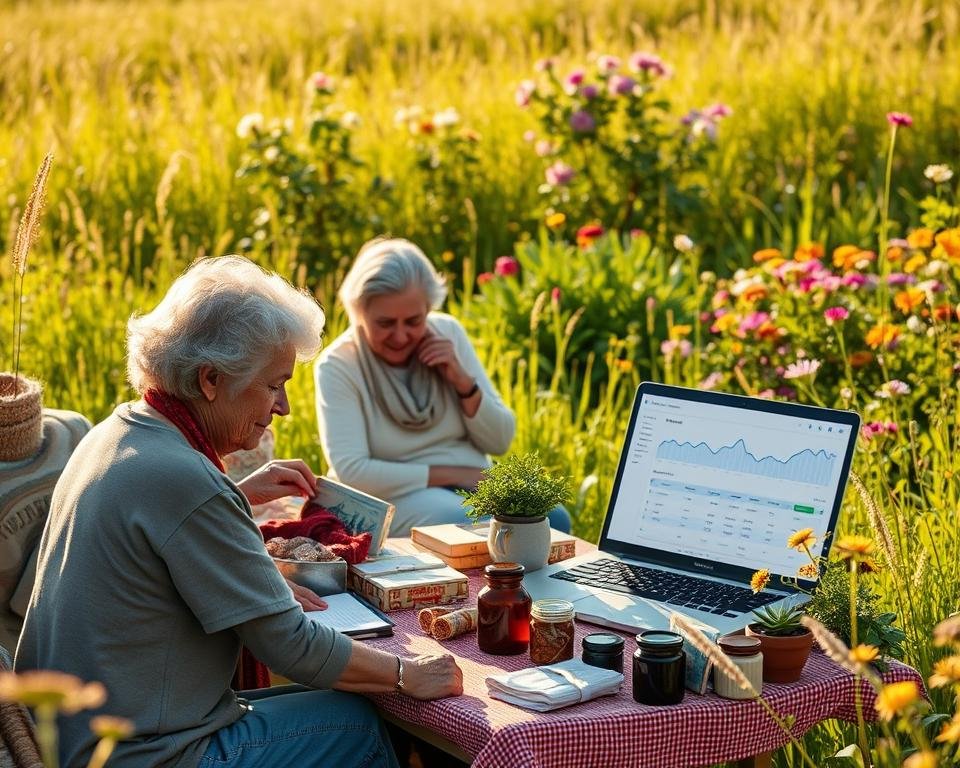 A sun-dappled meadow where retirees effortlessly generate passive income streams. In the foreground, a cozy home-based craft studio bustles with activity - hand-knitted scarves, woodworked trinkets, and artisanal jams are carefully packaged for an Etsy store. In the middle ground, a tranquil home office hosts a laptop displaying financial dashboards, tracking online sales. The background reveals a lush garden, bursting with flowers that will soon be transformed into botanical-inspired products. Soft, warm lighting illuminates the scene, conveying a sense of contentment and financial security in retirement.