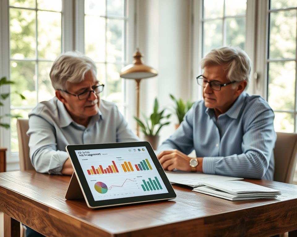 A sun-dappled office setting, with a mature retired couple seated at a wooden desk, poring over investment charts and papers. In the foreground, a tablet displays a risk management dashboard, its graphs and metrics casting a soft glow. The middle ground features a tasteful potted plant and a vintage brass desk lamp, adding warmth. In the background, large windows let in natural light, framing a tranquil garden view. The overall mood is one of thoughtful contemplation, as the retirees navigate the complexities of managing their hard-earned investments during their golden years.