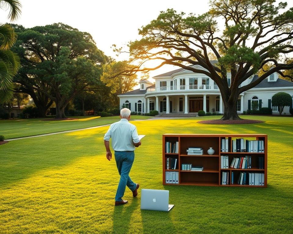 A sunny and serene retirement estate with a well-manicured lawn, surrounded by lush greenery and towering oak trees. In the foreground, an elderly couple strolls hand-in-hand, discussing important financial documents. The middle ground features a neatly organized home office with a laptop, papers, and a bookshelf filled with legal and financial literature. In the background, an expansive, modern mansion stands tall, its sleek architecture and large windows reflecting the warm, golden light of the setting sun. The overall atmosphere conveys a sense of financial security, peace, and the importance of careful estate planning for seniors.