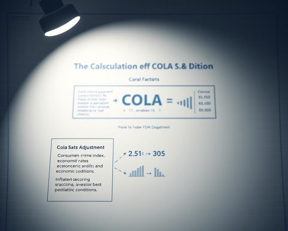 A technical illustration depicting the calculation of COLA (Cost-of-Living Adjustment) for Social Security payments. In the foreground, a clear diagram shows the key factors used to determine the COLA, such as the Consumer Price Index, inflation rates, and economic conditions. The middle ground features a stylized visualization of the COLA adjustment process, with numerical data and charts. In the background, a subtle blueprint-like grid provides a sense of structure and precision. The lighting is soft and diffused, creating a sense of authority and expertise. The overall aesthetic is clean, informative, and visually engaging, suitable for an educational article on the topic.
