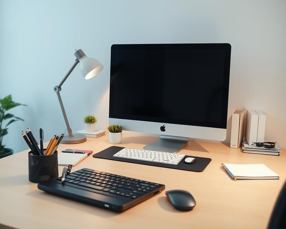 A tidy, well-organized workspace with an array of neatly arranged office supplies. The foreground features a sleek, modern desk with a computer monitor, keyboard, and mouse, accompanied by a desk organizer housing pens, pencils, and other essential items. The middle ground showcases a stylish desk lamp, a small potted plant, and a few carefully placed notebooks and folders. The background presents a clean, minimalist wall with subtle lighting, creating a calming and productive atmosphere. The overall composition exudes a sense of efficiency and attention to detail, reflecting the need for a well-organized home office space for seniors.
