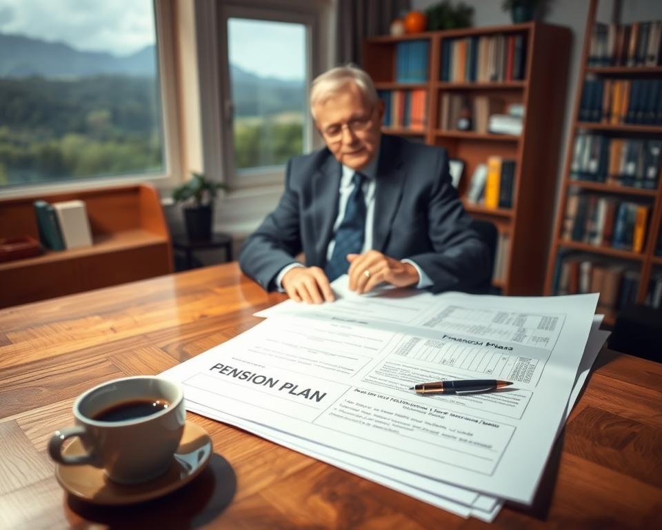 A tranquil financial planning scene, with a retiree reviewing pension plan documents under a warm, soft light. In the foreground, a wooden desk hosts a cup of coffee, a pen, and neatly organized paperwork. The middle ground features the retiree, smartly dressed, studying the documents intently. In the background, a bookshelf filled with financial guides and a window overlooking a serene, natural landscape create a sense of stability and security. The overall mood is one of careful contemplation and responsible planning for the future.